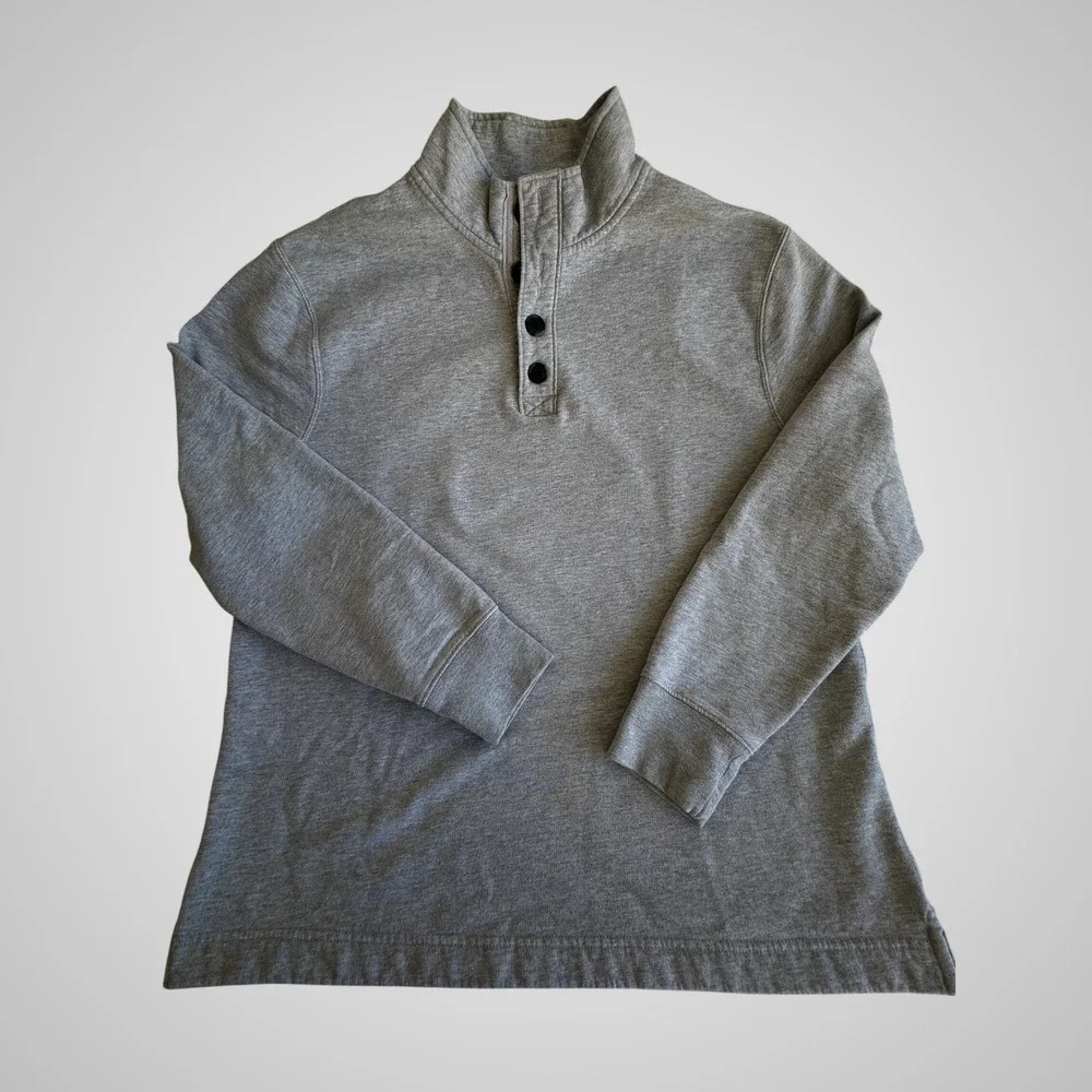 J. Crew Authentic Fleece Mens Cozy L Gray Henley Mock Neck Pullover Sweatshirt